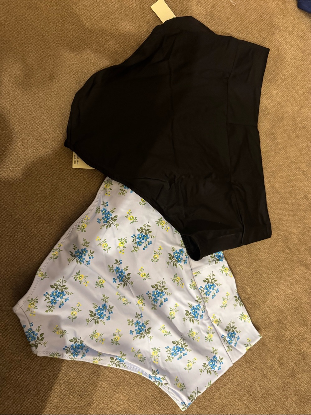 aerie Floral Light Blue and Black High-Waist Swim Bottoms - Picture 3 of 4
